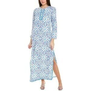 NEW Sail to Sable Caftan Maxi Dress White Blue Medallion Print Linen Blend Tunic